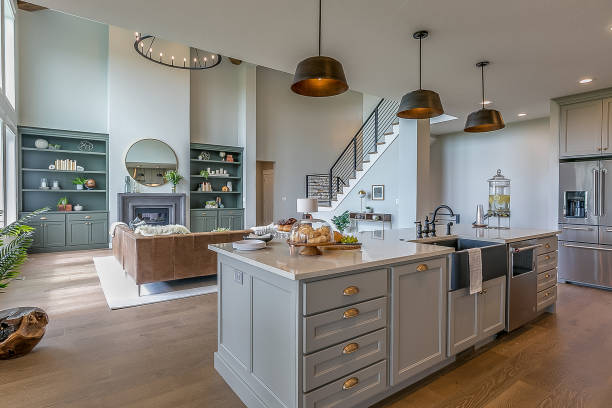 kitchen island with gray and white colors staged for tour